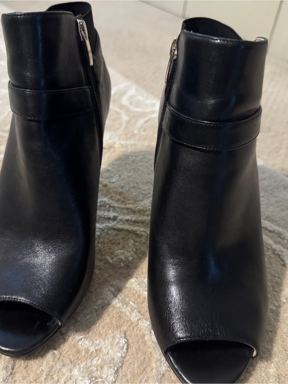Marc Fisher Black Leather Peep-Toe Ankle Booties with Side Zipper